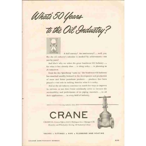 crane company 1951 oil gas petroleum pipe fittings valves vintage ad