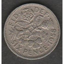Coins. Pre-Decimal 1958 Elizabeth II Six Pence Coin