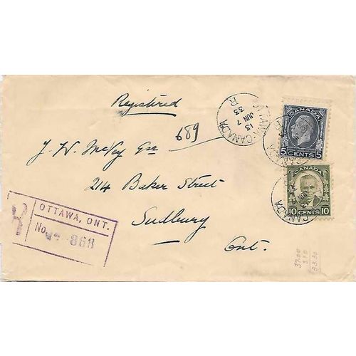 Canada REGISTERED Medalian Combo 1933 Ottawa ONT to Sudbury