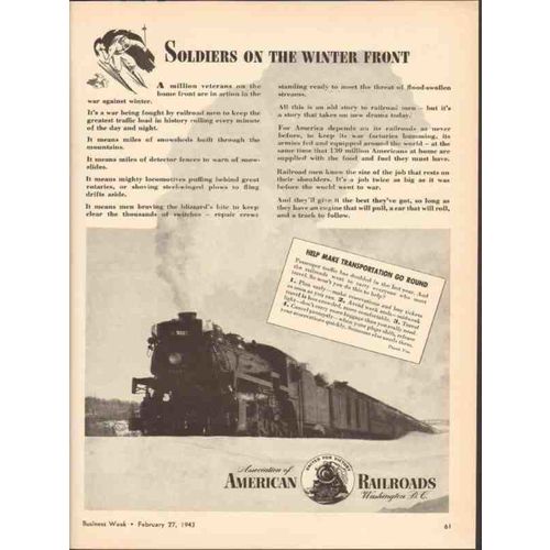 ASSOCIATION OF AMERICAN RAILROADS 1943 soldier winter front vintage ad