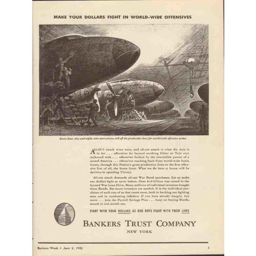 BANKERS TRUST COMPANY 1943 Make your dollars fight WW2 vintage ad
