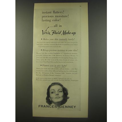 1956 Frances Denney Viva Fluid Make-up Ad - Instant flattery! Precious moisture!