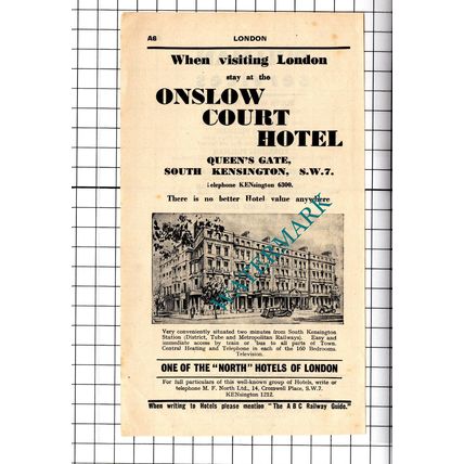 Onslow Court Hotel South Kensington London Advert - 1958 Cutting / Print