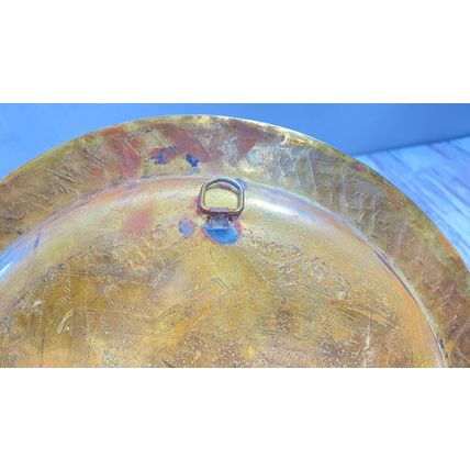 Vintage Brass Tray, Handmade Engraved Plate, Ornaments in the Middle, Decorative