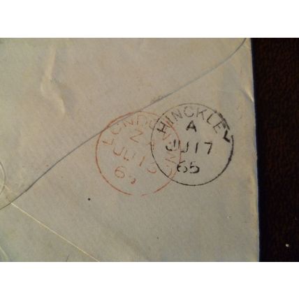 1865 GB QV 1d Red stamp 87 cover Late Fee S Pilgrim Hinckley London GO HO pair