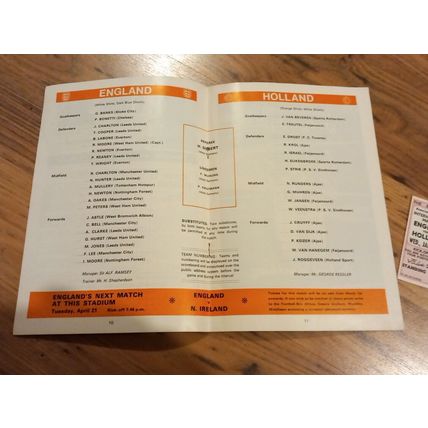 1970 England vs Holland / Netherlands – Programme & Ticket **FREE P&P**