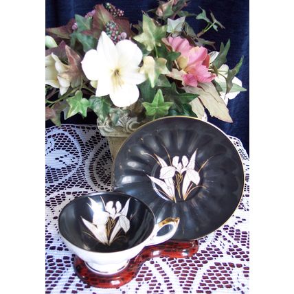 Marked in Gold MADE IN JAPAN Hand Painted Black & White Footed Teacup & Saucer