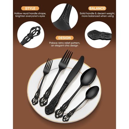 EUIRIO 40 Pieces Royal Silverware Set Black, Retro Flatware Set for 8, Stainless