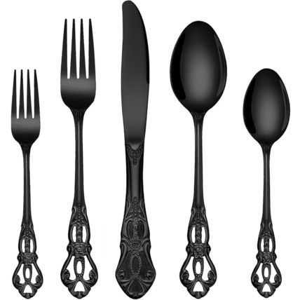 EUIRIO 40 Pieces Royal Silverware Set Black, Retro Flatware Set for 8, Stainless