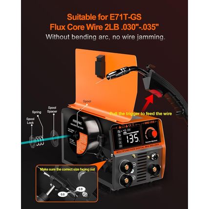 135A Flux Core MIG Welder, 110V 3-IN-1 Mig/Arc/Lift TIG Welding Machine with 1 L