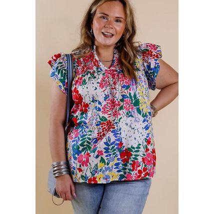 Red Plus Floral Print Ruffle Cap Sleeve V Neck Blouse