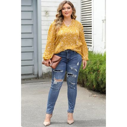 Yellow Plus Size Floral Print Ruched Split Neck Blouse