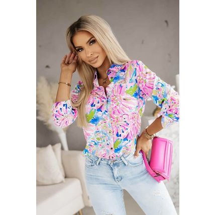 Pink Abstract Floral Print Buttoned Sheath Long Sleeve Shirt
