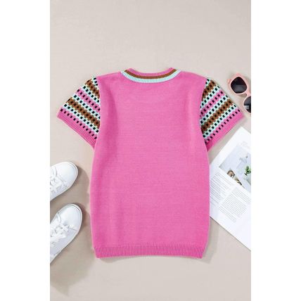 Bright Pink Contrast Printed Cap Sleeves Crewneck Sweater