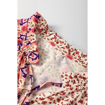 Orange Floral Geometric Patchwork Lace-up Crewneck Plus Size Blouse