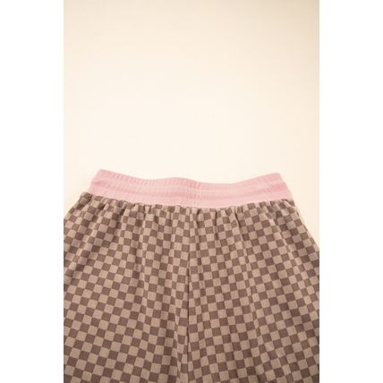 Brown Checkerboard Long Sleeve Pullover and Shorts Set