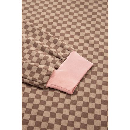 Brown Checkerboard Long Sleeve Pullover and Shorts Set