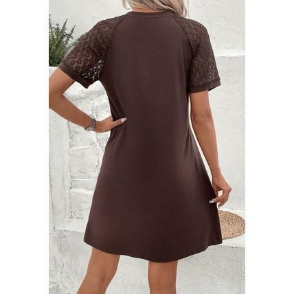 Dark Brown Contrast Lace Raglan Sleeve Pleated Detail Shift Dress
