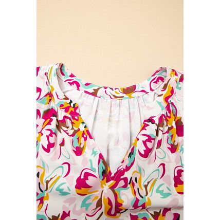 White Abstract Print V Neck Short Sleeve Ruffled Plus Size Mini Dress