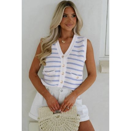 Sky Blue Stripe V Neck Gold Buttons Elegant Sweater Vest