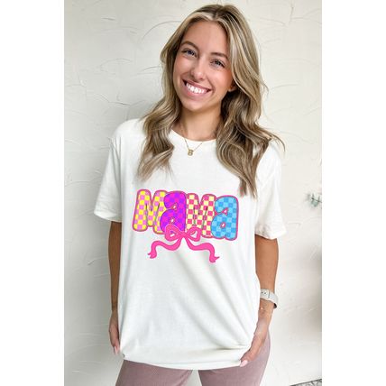 White MAMA Checkered Bow Knot Print Crewneck T Shirt