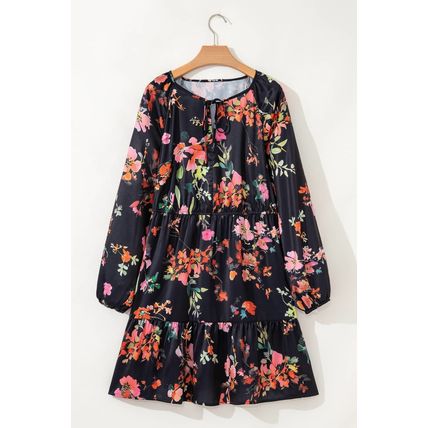 Black Plus Size Floral Print Tie Neck Cinched Waist Long Sleeve Mini Dress