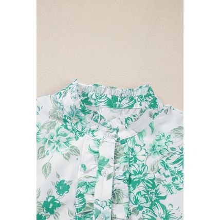 Green Floral Print Ruffle Sleeve Frilly Button Up Shirt