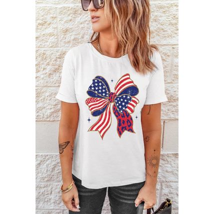 White Stars and Stripes Bow Print 4th of July T Shirt