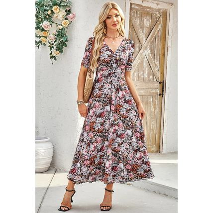 Brown Mesh Leopard Floral Reversible V Neck Short Sleeve Dress