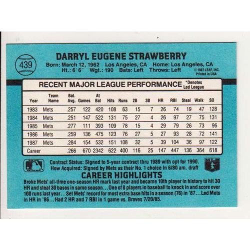 1988 Donruss baseball Darryl Strawberry card #439-NM- Mets