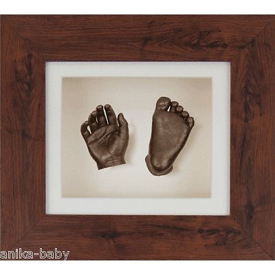 Baby Casting Kit Bronze Hands Feet Casts Dark Wood Mahogany effect Frame Cream