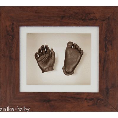 Baby Casting Kit Bronze Hands Feet Casts Dark Wood Mahogany effect Frame Cream