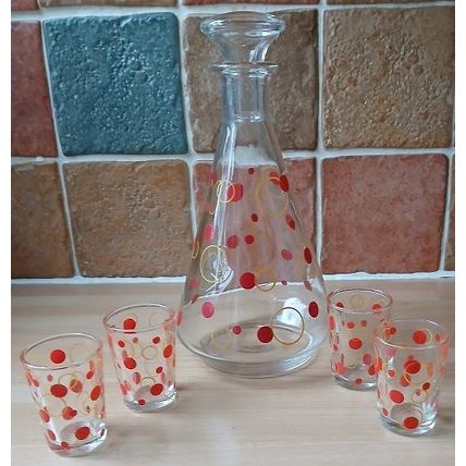 Red spot 'Atomic' Decanter with 4 shot glasses, retro, vintage, mid century