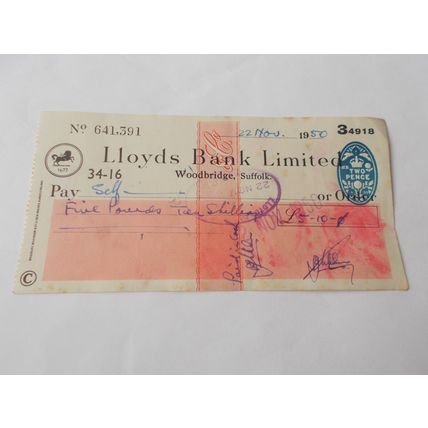 LLOYDS CHEQUE USED 22ND NOV 1950 (13/01)