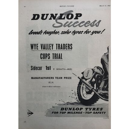 DUNLOP WINS WYE VALLEY TRADERS CUPS TRIAL 1961 VINTAGE MOTORCYCLE TYRE ADVERT