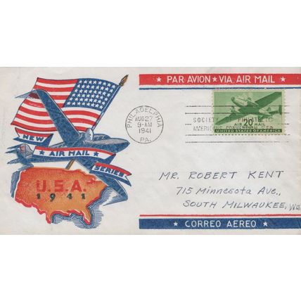 ZAYIX US C29 FDC LW Staehle cachet color plane, flag, map 100823USF27