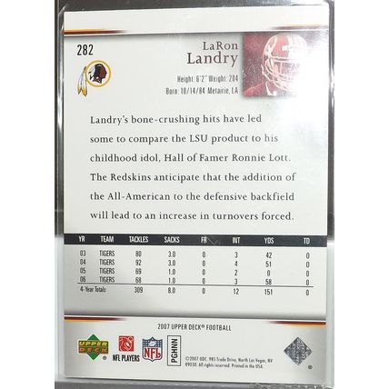 2007 Upper Deck LARON LANDRY (Commanders) STAR ROOKIE card #282