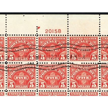 J78, Used Sheet of 100 $5 Postage Due Stamps RARE! .. Stuart Katz