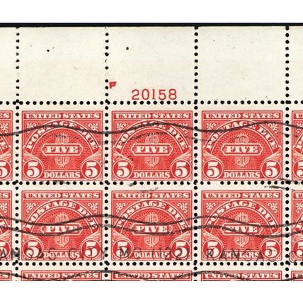 J78, Used Sheet of 100 $5 Postage Due Stamps RARE! ..- Stuart Katz