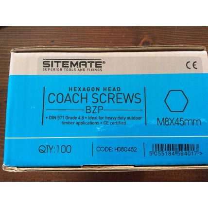 100 x M8 x 45mm SITEMATE COACH SCREWS ZINC PLATED HEXAGON HEAD WOOD SCREWS