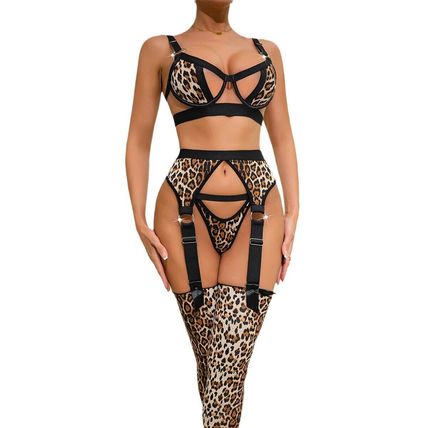Sexy Lingerie Leopard Set Print Temptation Uniform Four-piece Set