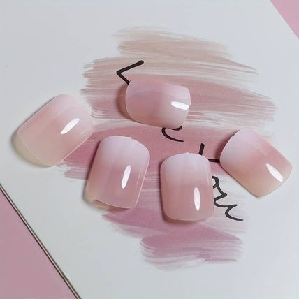 Nude ombre pink french False Nails square short Press On Set of 24 gel glue tabs