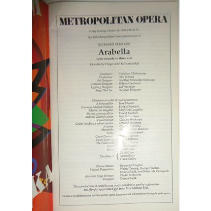 ARABELLA - METROPOLITAN OPERA STAGEBILL - OCT 21, 1994 LINCOLN CENTER