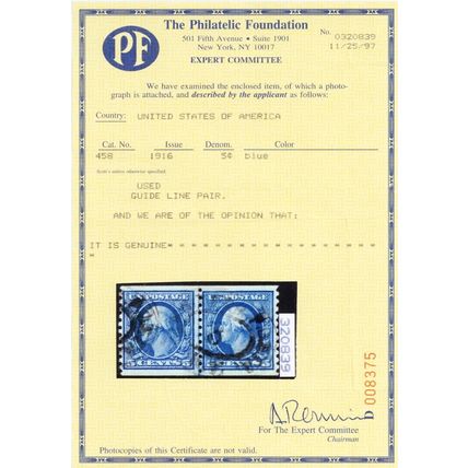 458, Used 5¢ Coil Line Pair - With PFC Certificate - Stuart Katz