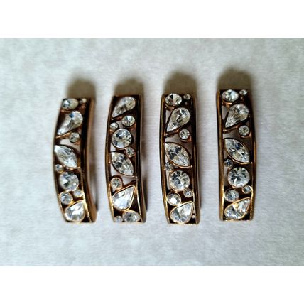 4 Vintage Bracelet Panels, Antique Style Gold Tone Metal, Glass Cabochons