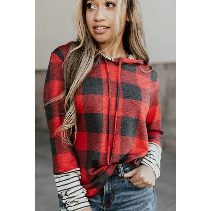 Red Christmas Plaid Striped Patchwork Drawstring Hoodie