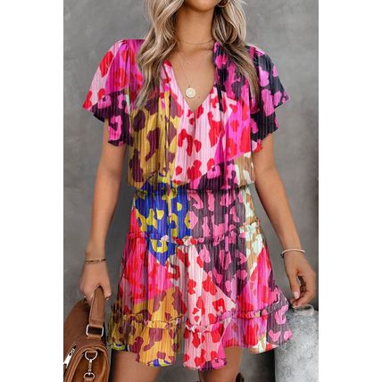 Rose Leopard Print Short Sleeve Tiered Ruffle Mini Dress