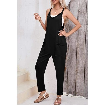 Black Side Pockets Harem Pants Sleeveless V Neck Jumpsuit
