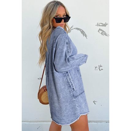 Beau Blue Mineral Wash Long Sleeve Button Up Raw Hem Pocketed Denim Dress