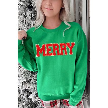 Dark Green Christmas Chenille MERRY Graphic Crew Neck Sweatshirt